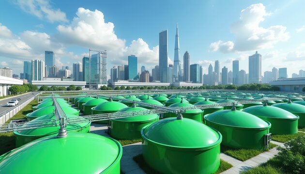 Modern green biogas digesters process city waste. Industrial plant technology helps environment. Urban skyline background shows city development and green energy future.