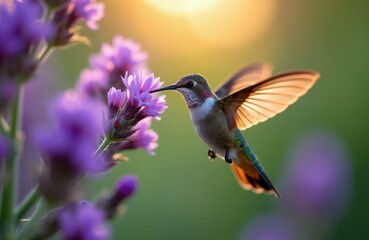 Fototapeta premium Tiny hummingbird hovers near purple flower drinking nectar. Bird wings beat fast in sunlight. Wildlife nature scene with small bird in flight during golden hour. Fauna insect feeding on bloom.
