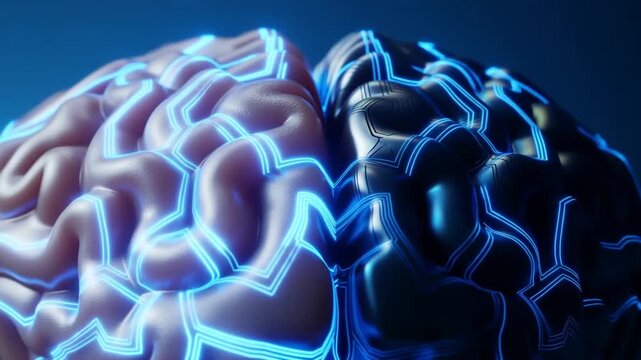 Slow motion tracking dolly of brain cortex merging with neon circuitry across glossy hemisphere in laboratory research studio setting