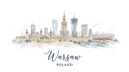 Obraz premium Watercolor illustration of Warsaw city skyline featuring historic and modern architecture in Poland