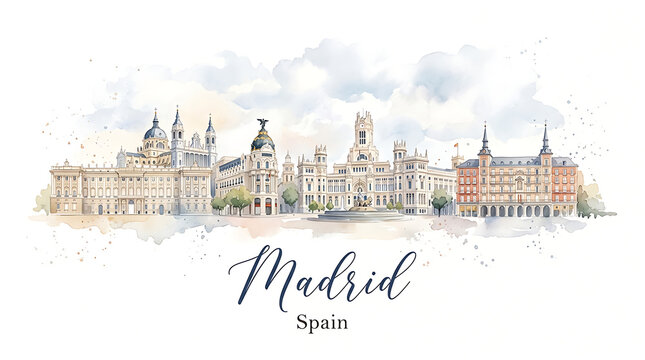 Watercolor illustration of Madrid's historic city skyline showcasing iconic architecture and vibrant cityscape in a soft