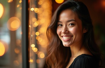 Fototapeta premium Young Asian woman with bright smile poses near window with bokeh lights. She looks happy and friendly, with warm expression and healthy glow. Natural beauty, elegant simplicity, positive vibe.