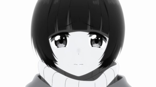 Static closeup shot of young anime girl showing subtle emotional reaction with mouth and eye movement on high key white background in studio portrait