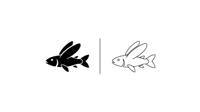 Flying Fish Silhouette and Outline Vector Icon Set