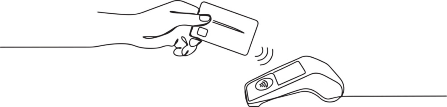 Continuous single line drawing of a hand holding a credit card over a payment terminal machine for financial transaction. Editable stroke