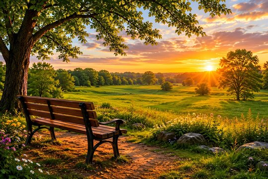 Peaceful empty public park bench facing open green meadow during beautiful warm golden hour sunlight