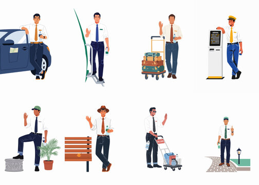 Collection of travel assistant illustrations featuring a man in various hospitality roles like airport greeter, driver, and luggage porter.