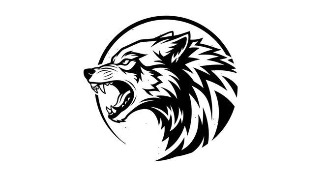 Fierce stylized wolf head illustration in black and white, snarling with fangs, aggressive wild animal mascot logo or emblem design.