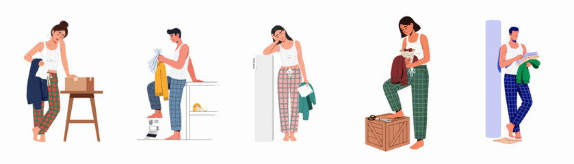 Fototapeta premium Set of diverse people in pajamas feeling tired, sad, or overwhelmed while handling daily chores like laundry and mail at home.