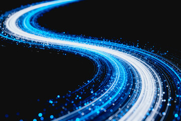Fototapeta premium A dynamic curved stream of glowing blue and white light particles, forming a futuristic digital abstract pattern against a dark background.
