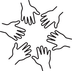 Fototapeta premium Illustration of multiple hands coming together in a circle for teamwork and unity Vector. one line Icon drawing. Editable stroke