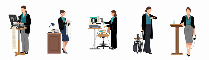 Obraz premium Set of illustrations depicting a professional female court reporter and stenographer performing various tasks like typing, reviewing transcripts, and traveling for work.