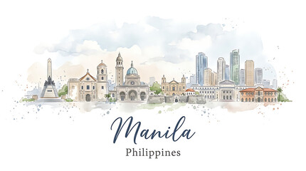 Obraz premium Stylized watercolor cityscape of Manila Philippines featuring historical landmarks and modern skyscrapers under a cloudy sky