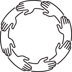 Obraz premium Illustration of multiple hands coming together in a circle for teamwork and unity Vector. one line Icon drawing. Editable stroke
