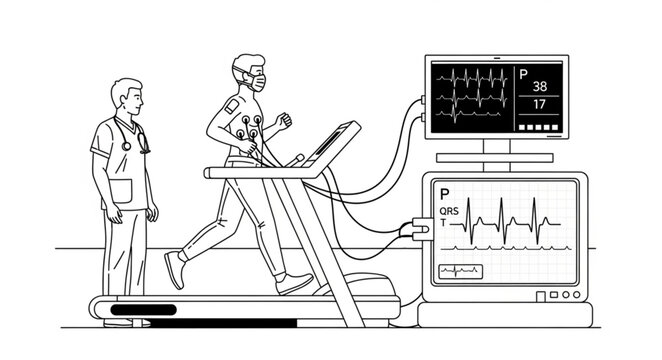 Doctor monitors athlete running on treadmill during stress test