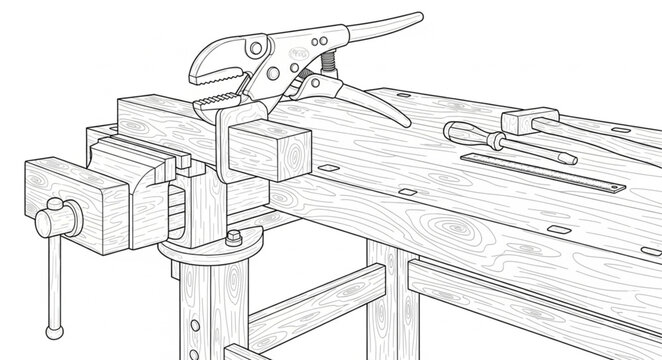 Worker using tools on workbench with vice and hammer inside workshop