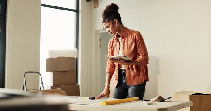 Tablet, decision and woman in new home with moving for online shopping, choice or furniture order. Digital technology, problem solving and person with ideas for living room renovation and floor plan