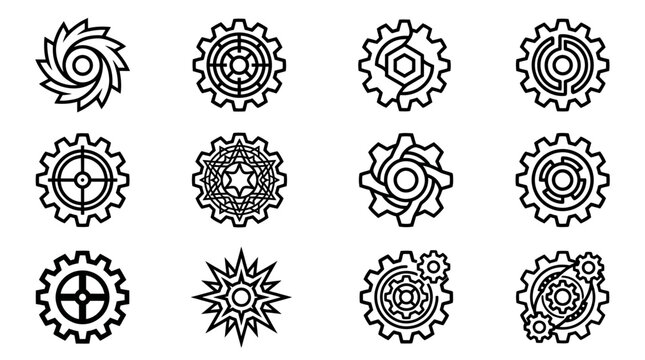 Minimalist black outline gear and cogwheel vector icons set on a clean white background, perfect for industrial branding, technical UI design and mechanical logo presentation