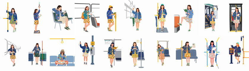 Collection of flat illustrations depicting a young woman commuting on public transport, including bus and train interiors, in various daily life activities. © Sophie