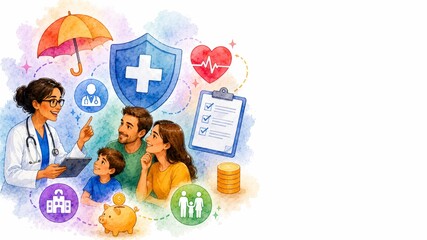 Fototapeta premium Family Consultation with a Doctor in a Colorful Health and Wellness Illustration Highlighting Insurance, Care, and Financial Aspects of Healthcare