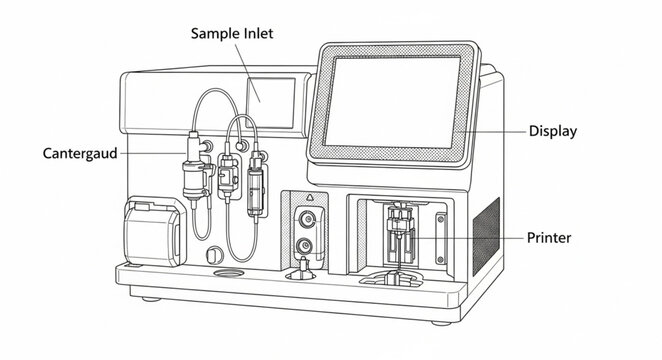 Technician operates laboratory equipment with display and printer