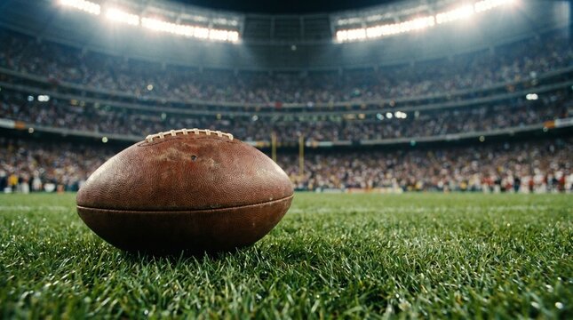American football on stadium field under bright lights.