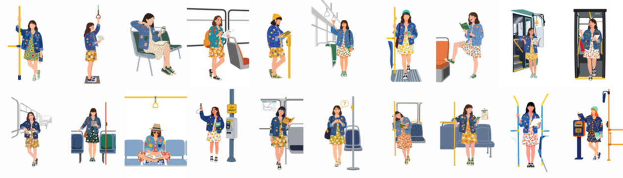 Collection of flat illustrations depicting a young woman commuting on public transport, including bus and train interiors, in various daily life activities.