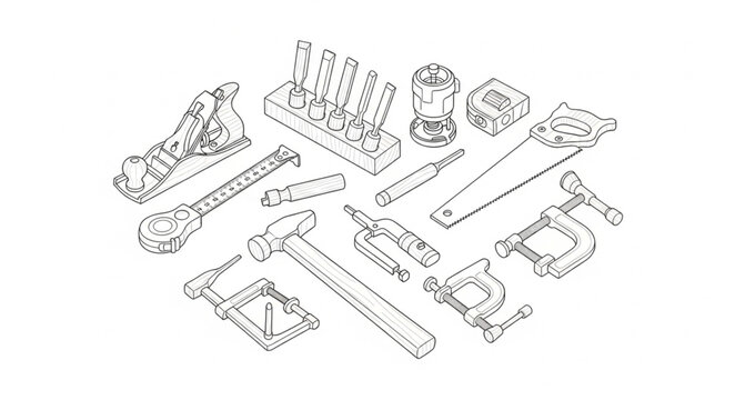Various tools arranged on a surface for industrial purposes.