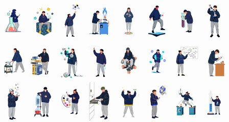 Fototapeta premium A collection of flat illustrations featuring young researchers and students performing various laboratory experiments, chemical research, and data analysis in a modern scientific environment.