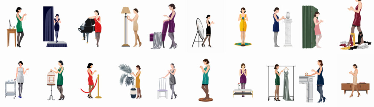 Collection of elegant vintage-style women in various glamorous interior settings, featuring mid-century modern furniture, stylish cocktail dresses, and sophisticated lifestyle scenes.