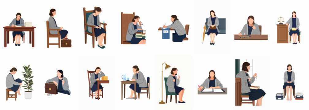 Flat illustration set of a professional woman in various law, academic, and office-related poses and daily life activities.