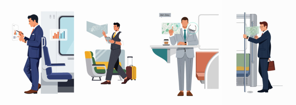Professional businessmen utilizing futuristic augmented reality and holographic technology for productivity during their daily commute on public transportation.