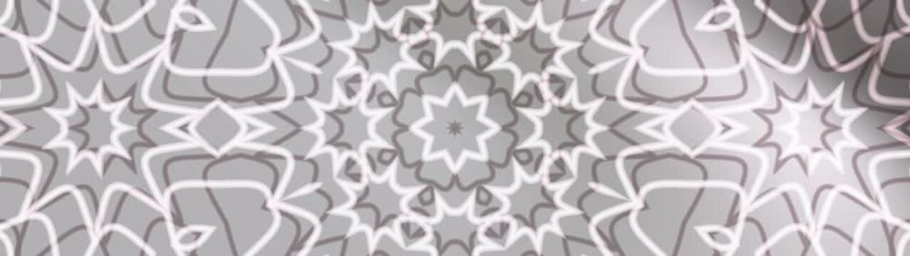 Abstract grayscale kaleidoscopic pattern featuring symmetrical floral and geometric motifs. Elegant monochrome composition with intricate repeating shapes, ornamental details, and balanced visual 