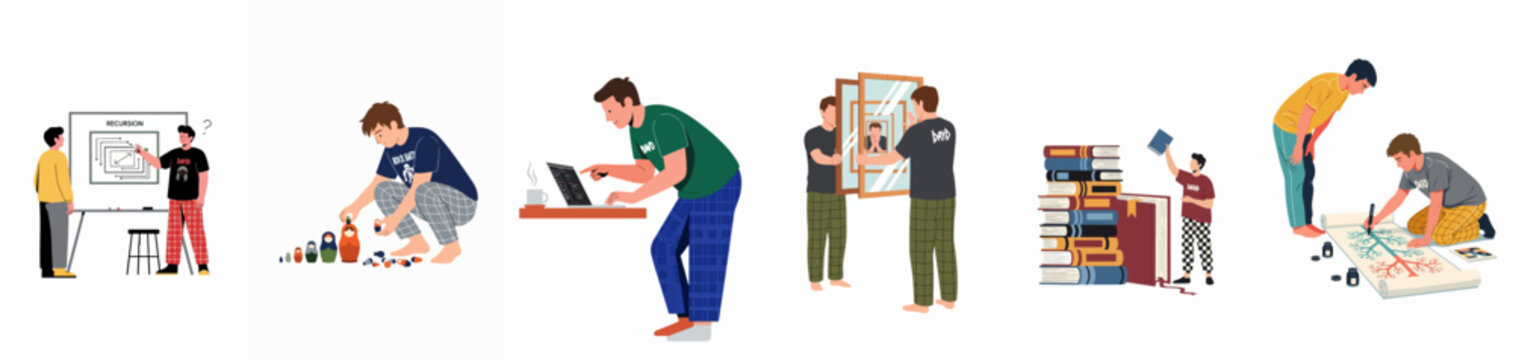 Set of illustrations showing different ways to explain the concept of recursion through nested dolls, mirrors, coding, and diagrams.