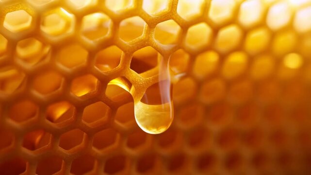 Golden honey dripping from honeycomb captured in mesmerizing slow motion
