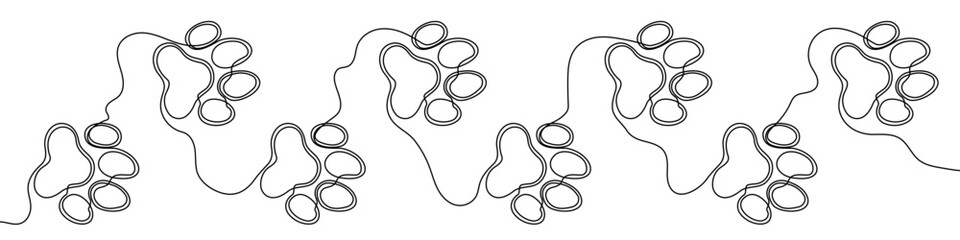 Continuous horizontal border of multiple animal paw prints, drawn with one line. Symbol of domestic pets, veterinary care, and continuous movement. Vector illustration. © chekman