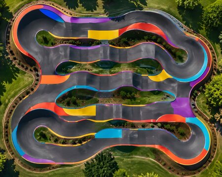 Sky view BMX pump track colorful curves berms geometric layout extreme cycling scene dynamic sport