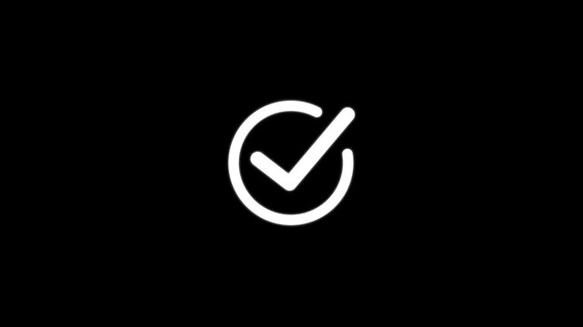 White check mark icon.Animated check mark icon in white against dark black background for positive affirmations and approved actions. motion graphic of check mark concept. 4k video