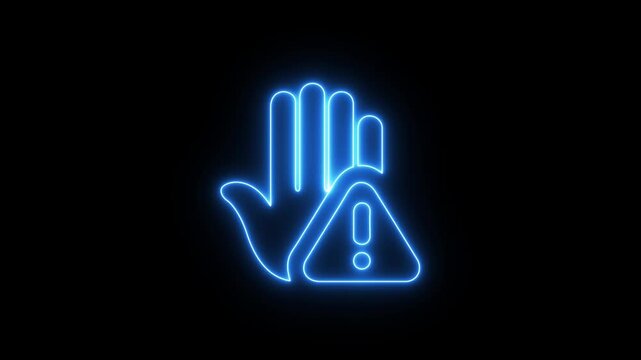 Prohibitory sign Animation with a raised hand with neon tringle icon. Danger warning with hand. motion graphic of prohibited Hand concept