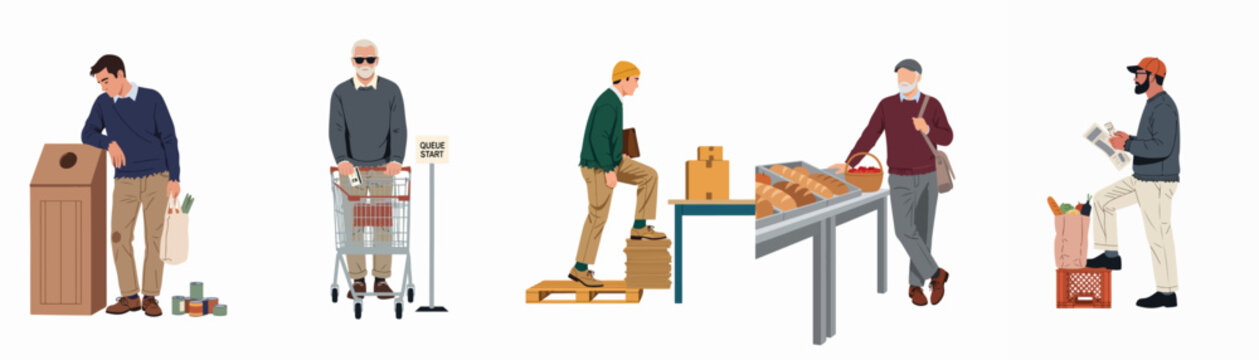 Collection of diverse men in grocery shopping and supermarket scenarios, featuring seniors with carts, bakery customers, and people with shopping bags in vector style.