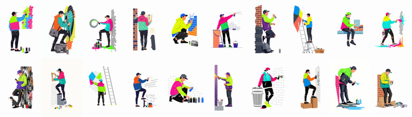 Collection of flat vector illustrations featuring young graffiti artists in various poses and activities, painting colorful street art on urban walls. © Noah