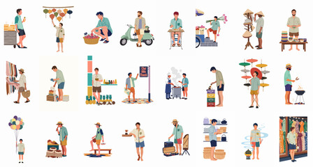 Naklejka premium Collection of flat vector illustrations depicting a male tourist exploring various cultural activities, street food, and markets in a Southeast Asian setting.