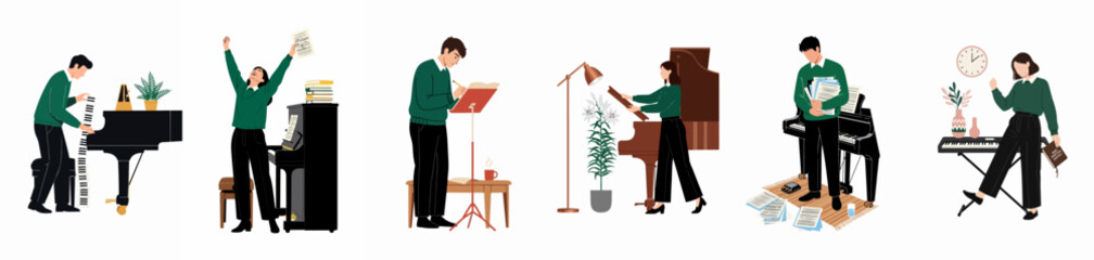 Collection of flat illustrations showing diverse musicians and composers practicing, playing, and celebrating their work with pianos and sheet music on white background. © Sophie