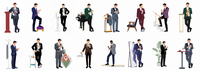 Collection of sixteen stylish men in various colored tuxedos and formal suits, illustrated in a flat minimalist style on a white background. © Mia