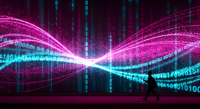Digital Data Flow and Binary Code with Walking Person &ndash; Futuristic Technology Background