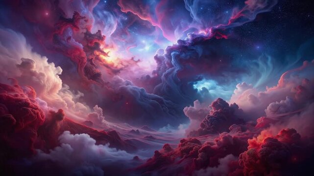 Elegant cosmic atmosphere with burgundy and navy mist curling in slow motion through shadowy space