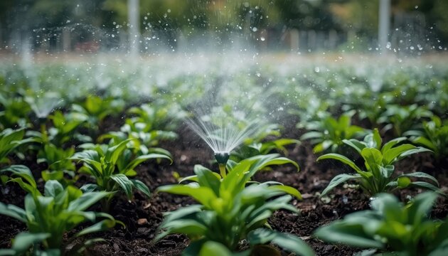 sprinkler spraying water at green agriculture field 