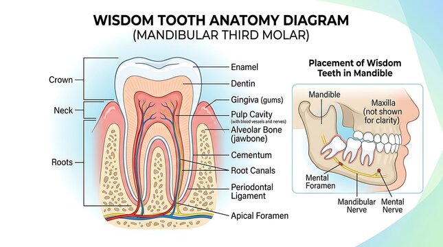 Anatomical diagram of a wisdom tooth showing mandibular third molar structure and jaw placement