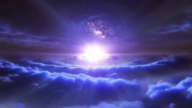 Aerial slow dolly tracking shot of glowing celestial core expanding above cloud layer with distant galaxy in sky