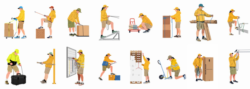 Set of logistics staff characters in yellow jackets securing boxes, pipes, and pallets using various types of lashing straps and bungee cords.